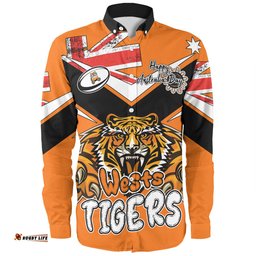 Wests Tigers Long Sleeve Button Shirt - Happy Australia Day We Are One And Free V2