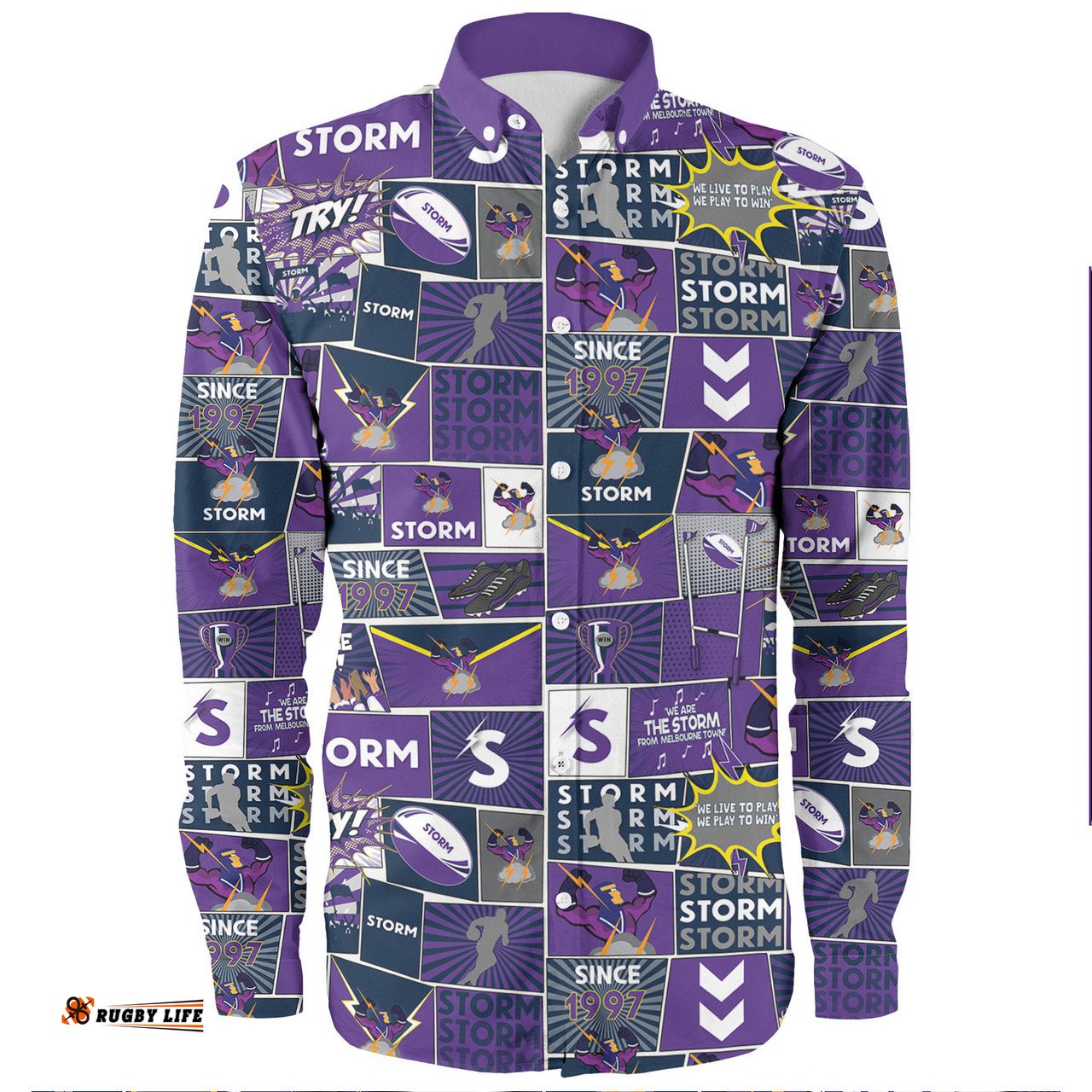Melbourne Storm Long Sleeve Button Shirt - Team Of Us Die Hard Fan Supporters Comic Style