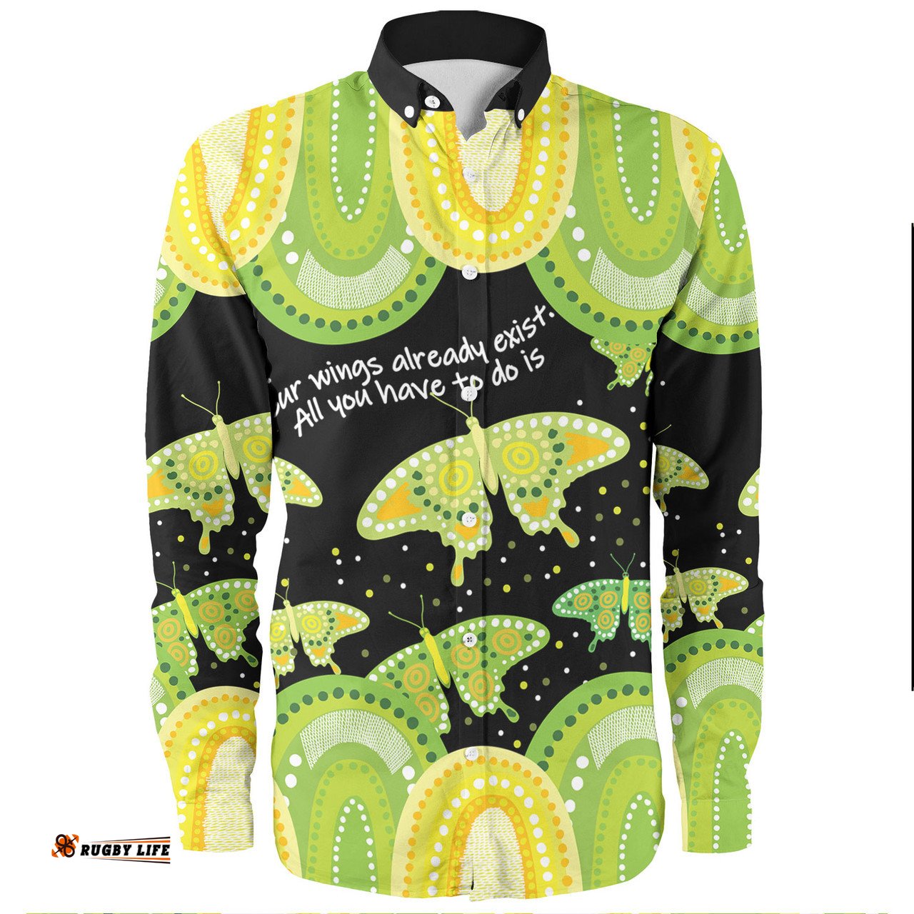 Australia Long Sleeve Button Shirt - Aboriginal Green Butterflies Art Inspired