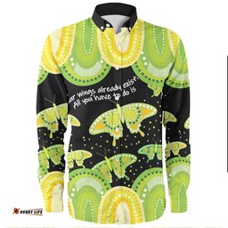 Australia Long Sleeve Button Shirt - Aboriginal Green Butterflies Art Inspired
