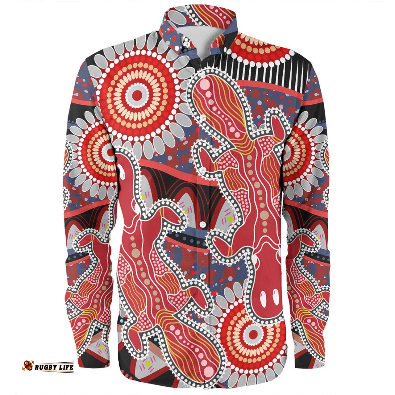 Australia Platypus Aboriginal Long Sleeve Button Shirt - Red Platypus With Aboriginal Art Dot Painting Patterns Inspired Long Sleeve Button Shirt
