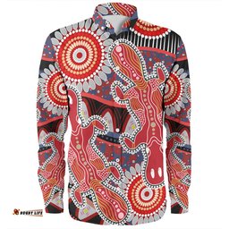 Australia Platypus Aboriginal Long Sleeve Button Shirt - Red Platypus With Aboriginal Art Dot Painting Patterns Inspired Long Sleeve Button Shirt