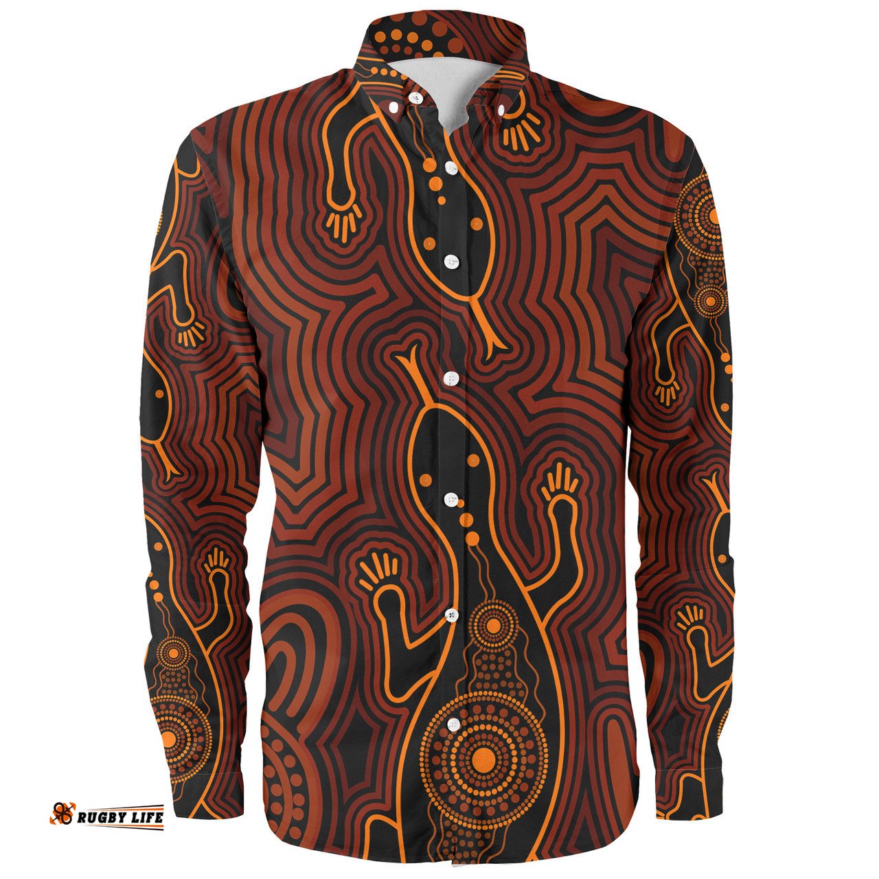 Australia Aboriginal Inspired Long Sleeve Button Shirt - Goanna Aboriginal Art Long Sleeve Button Shirt