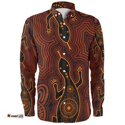 Australia Aboriginal Inspired Long Sleeve Button Shirt - Goanna Aboriginal Art Long Sleeve Button Shirt