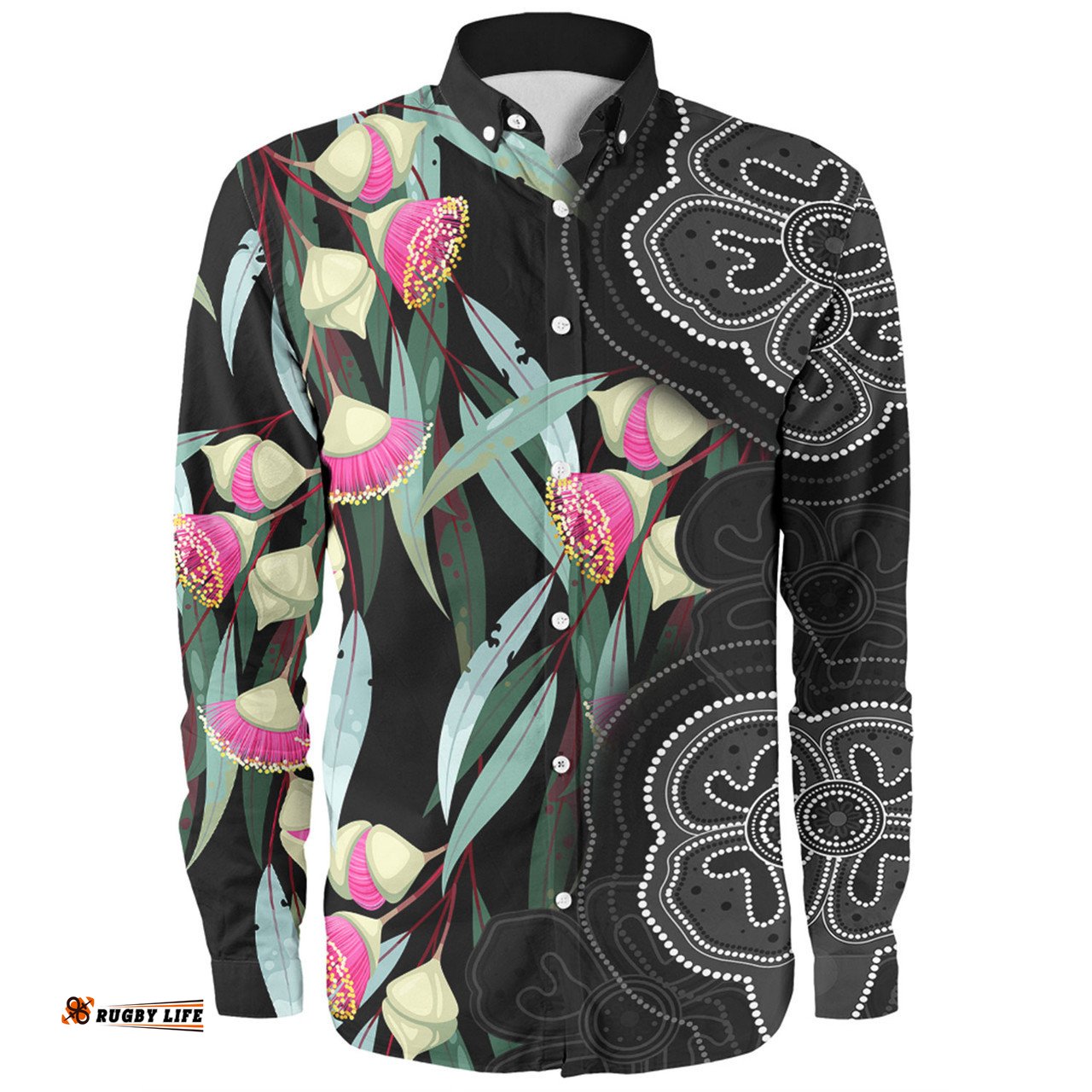 Australia Aboriginal Long Sleeve Button Shirt - Seamless Pattern With Eucalyptus Flower Long Sleeve Button Shirt