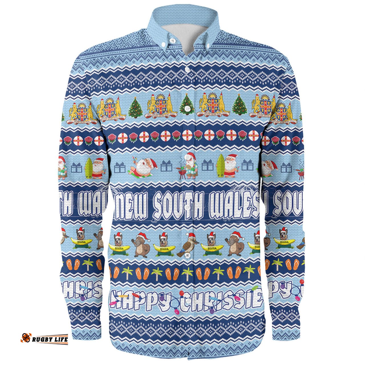 New South Wales Christmas Custom Long Sleeve Button Shirt - Happy Chrissie Ugly Style Long Sleeve Button Shirt
