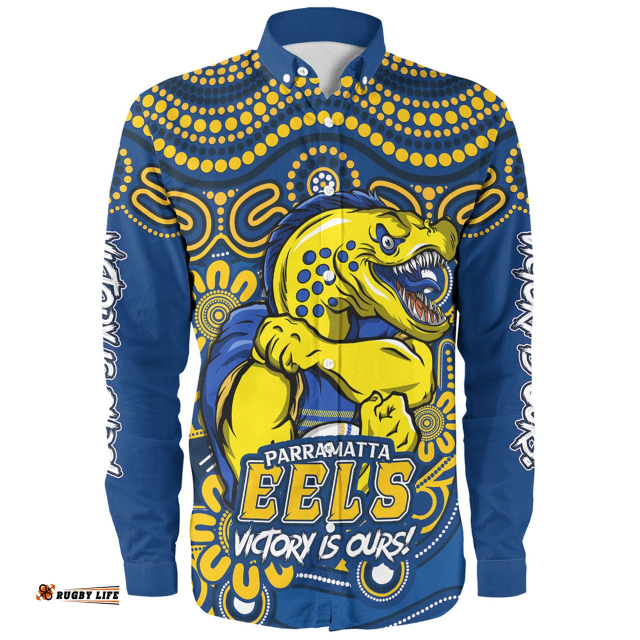 Parramatta Eels Long Sleeve Button Shirt Aboriginal Inspired Tough Fan Rugby For Life