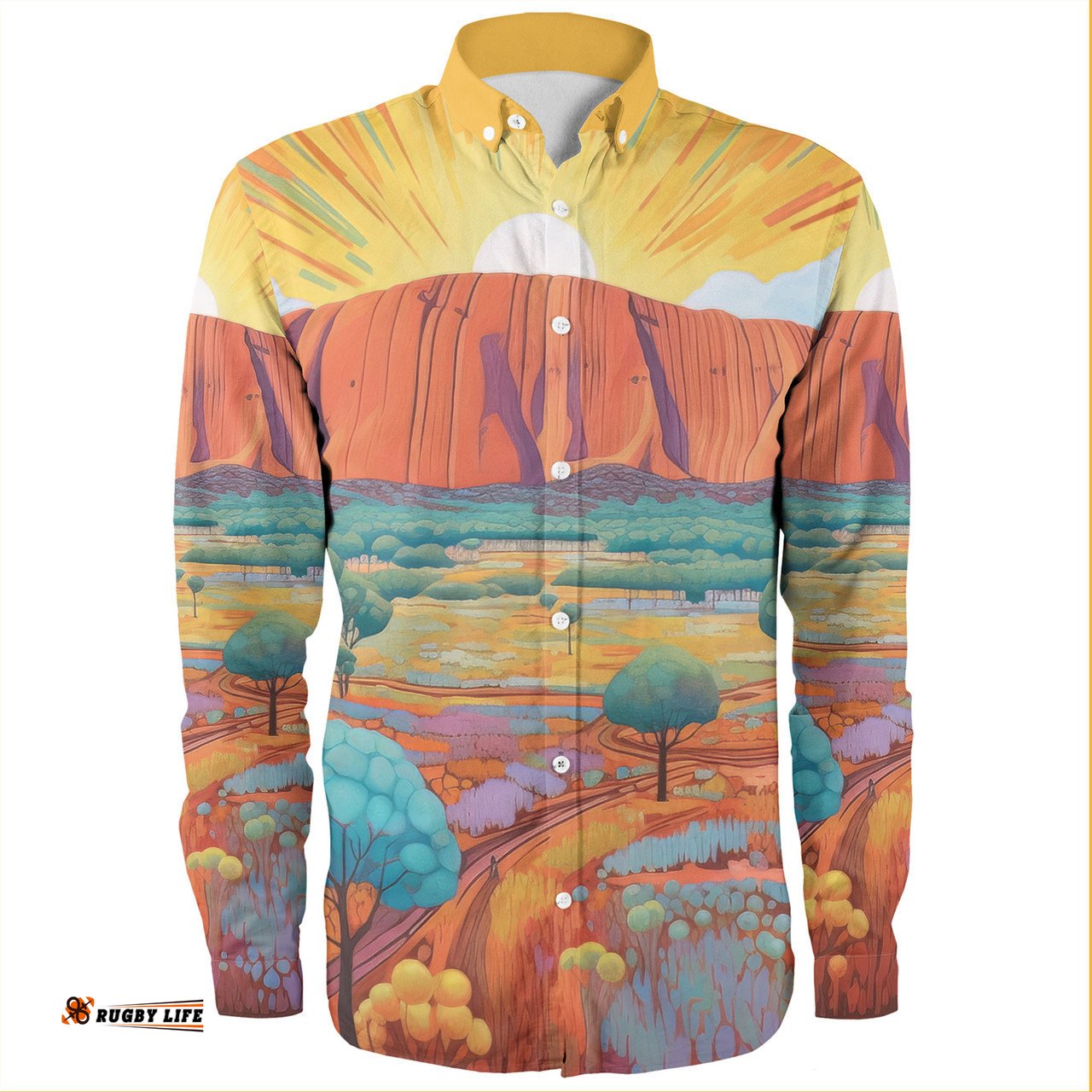 Urulu Travelling Long Sleeve Button Shirts - Urulu Mountain Oil Painting Art Long Sleeve Button Shirts