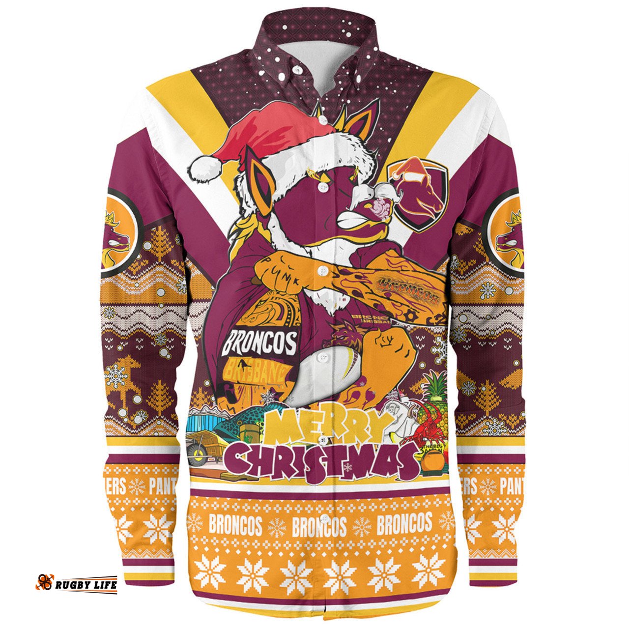 Brisbane Broncos Christmas Custom Long Sleeve Button Shirt - Broncos Santa Aussie Big Things Christmas Long Sleeve Button Shirt