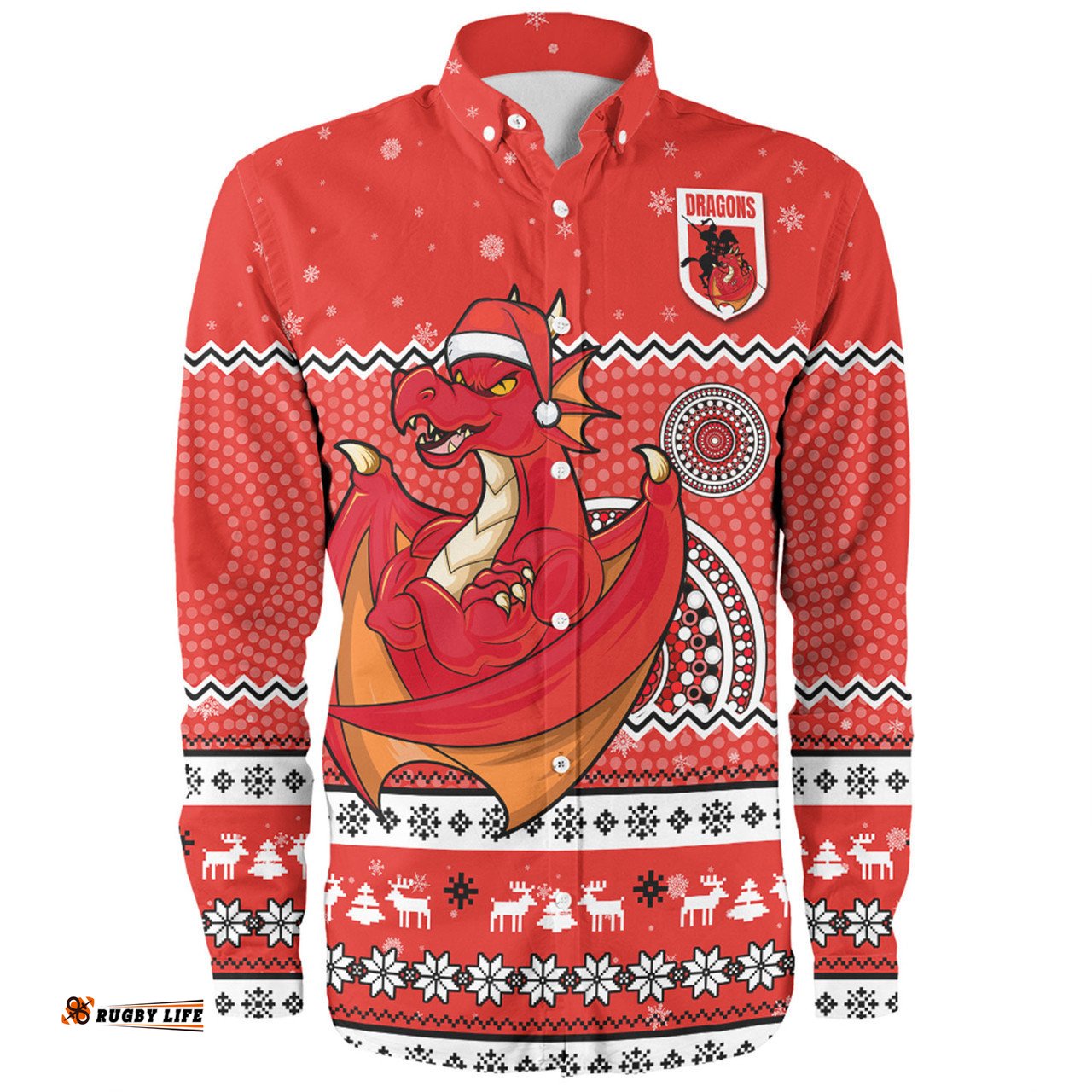 St. George Illawarra Dragons Christmas Custom Long Sleeve Button Shirt - Ugly Xmas And Aboriginal Patterns For Die Hard Fan Long Sleeve Button Shirt