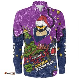 Melbourne Storm Christmas Custom Long Sleeve Button Shirt - Let's Get Lit Chrisse Pressie Long Sleeve Button Shirt