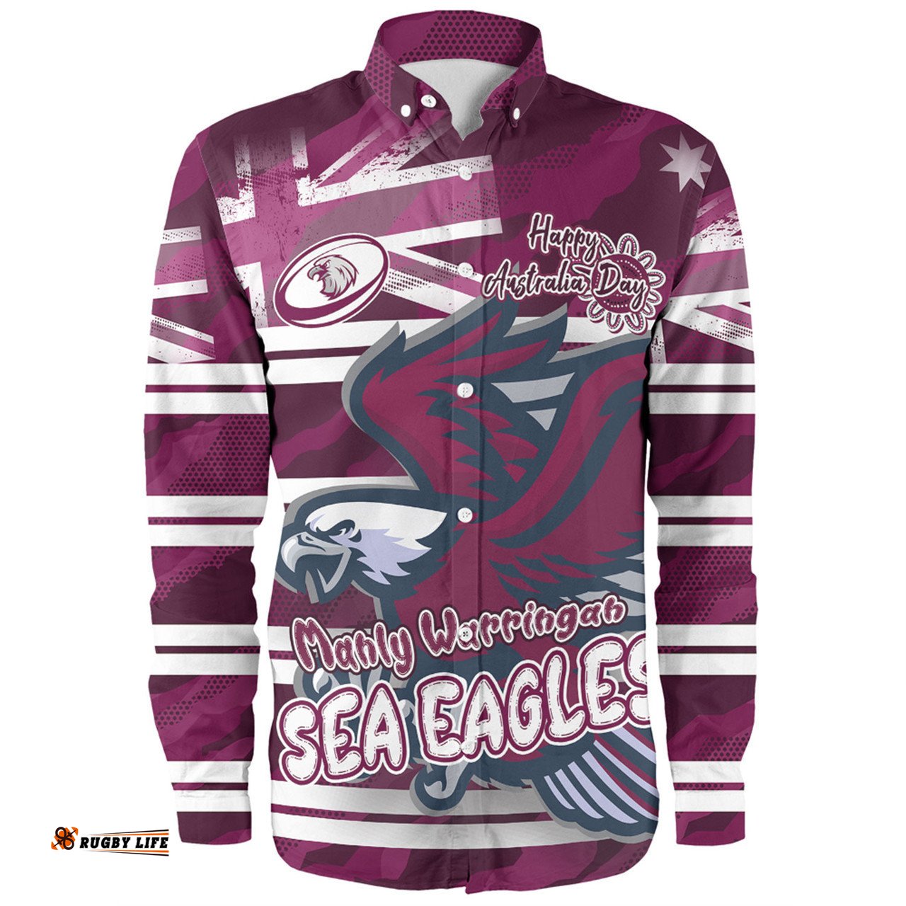 Manly Warringah Sea Eagles Long Sleeve Button Shirt - Happy Australia Day We Are One And Free