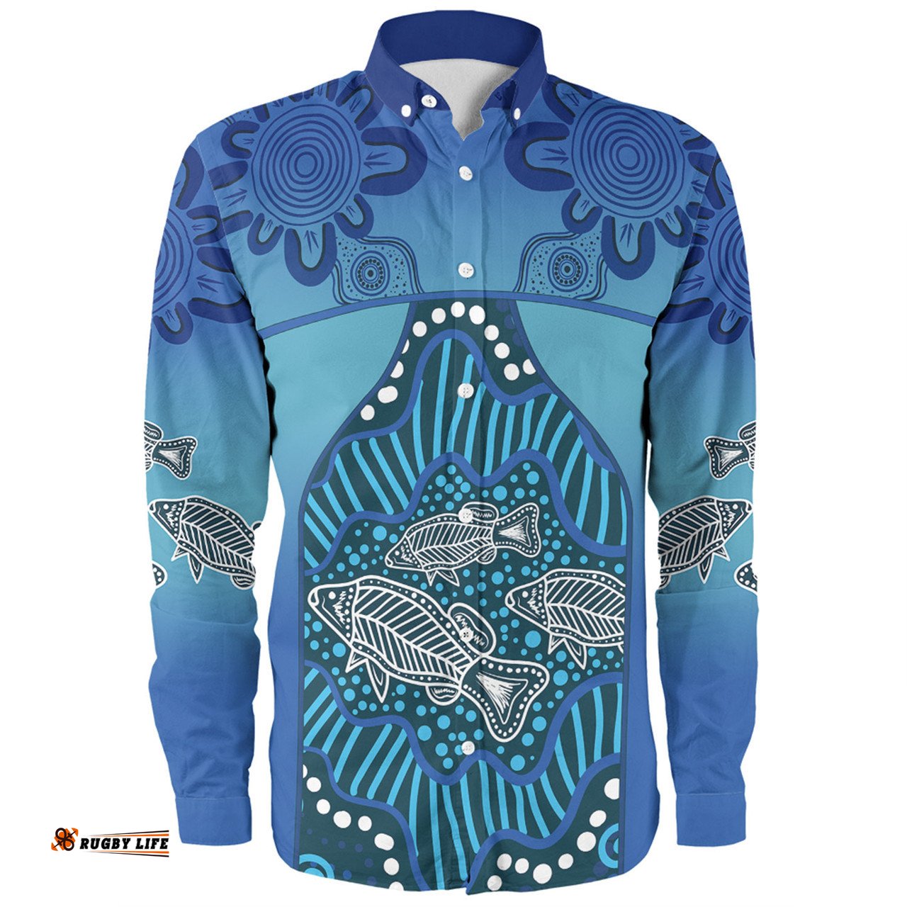Australia Aboriginal Custom Long Sleeve Button Shirt - Blue Aboriginal Dot With Fish Long Sleeve Button Shirt