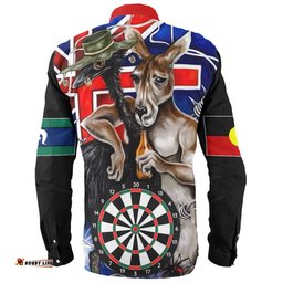Australia Sport Darts Custom Long Sleeve Button Shirt - Dart Board And Australia Flag Patterns With Kangaroo Drinking Art Long Sleeve Button Shirt