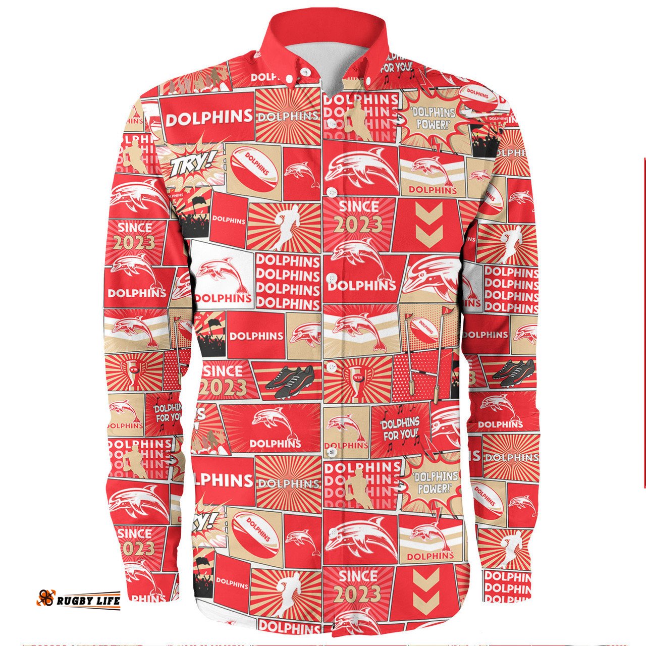 Redcliffe Dolphins Long Sleeve Button Shirt - Team Of Us Die Hard Fan Supporters Comic Style