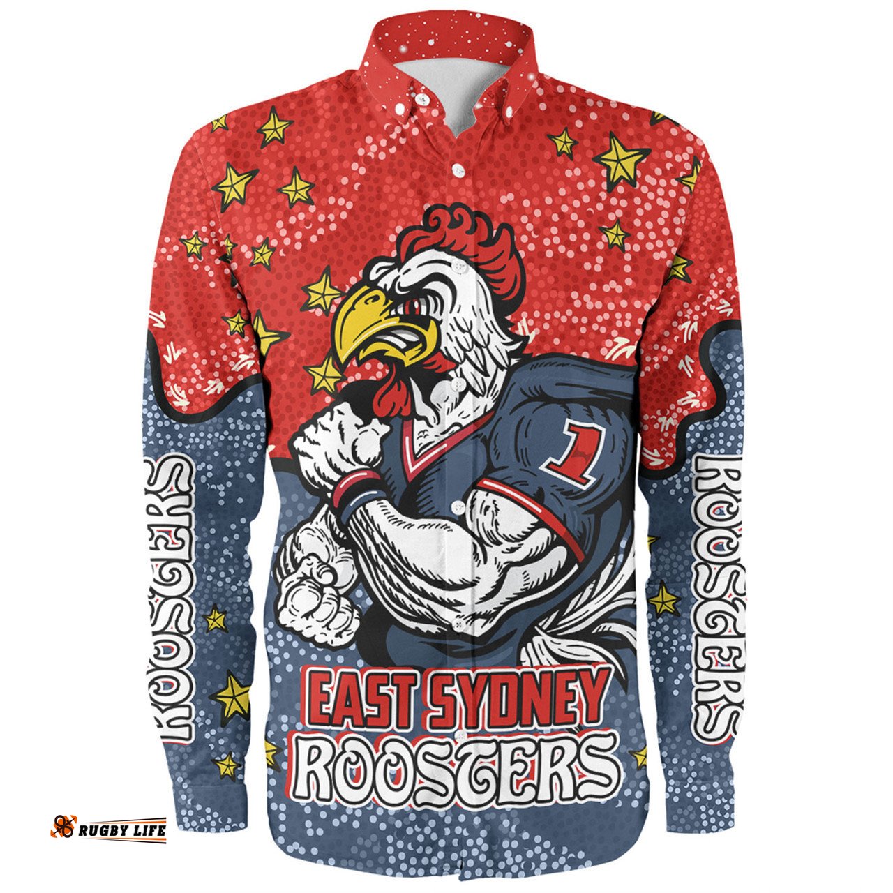 Sydney Roosters Custom Long Sleeve Button Shirt - Team With Dot And Star Patterns For Tough Fan Long Sleeve Button Shirt