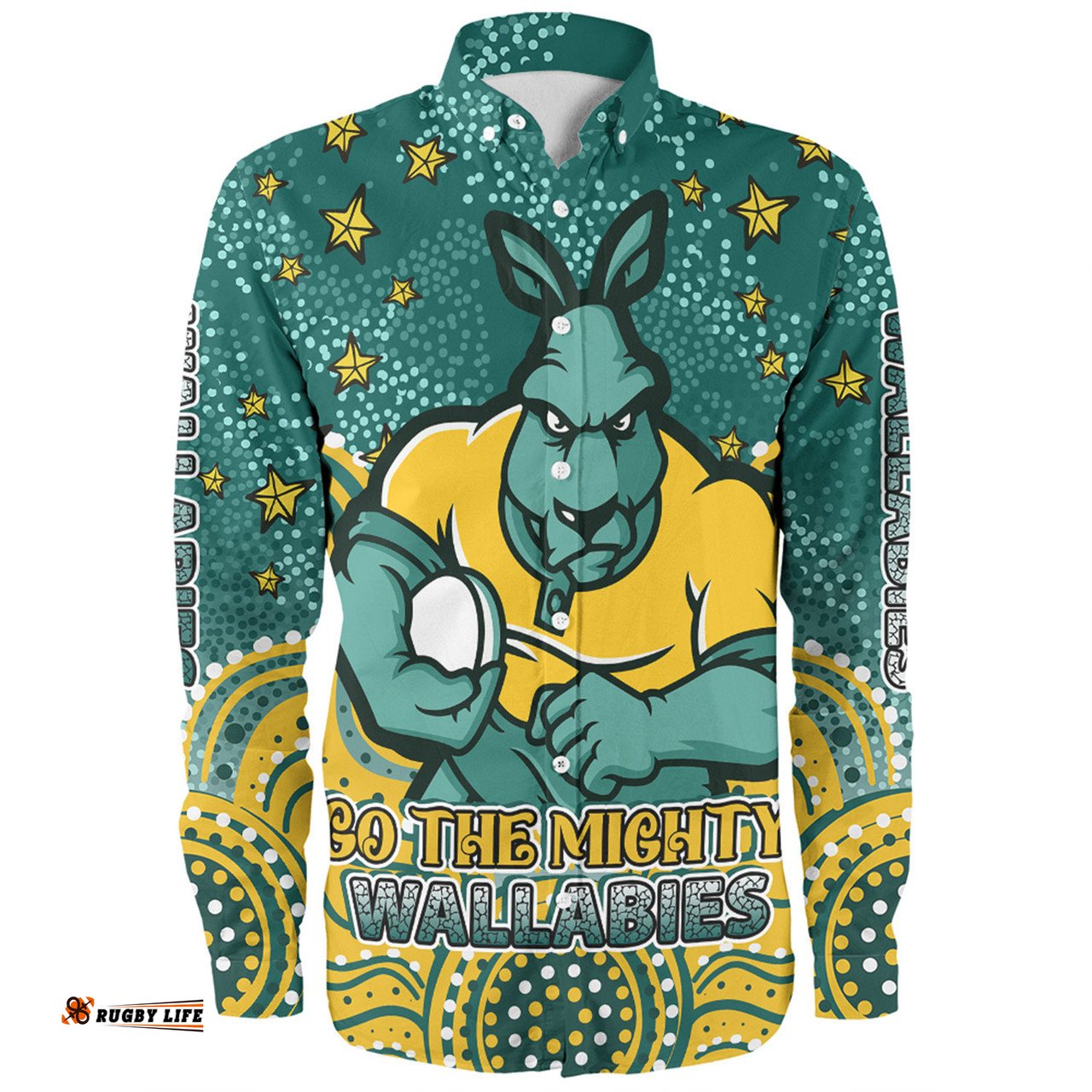 Australia Wallabies Custom Long Sleeve Button Shirt - Custom With Aboriginal Inspired Style Of Dot Painting Patterns Long Sleeve Button Shirt