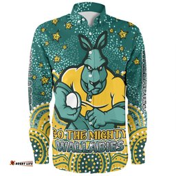 Australia Wallabies Custom Long Sleeve Button Shirt - Custom With Aboriginal Inspired Style Of Dot Painting Patterns Long Sleeve Button Shirt
