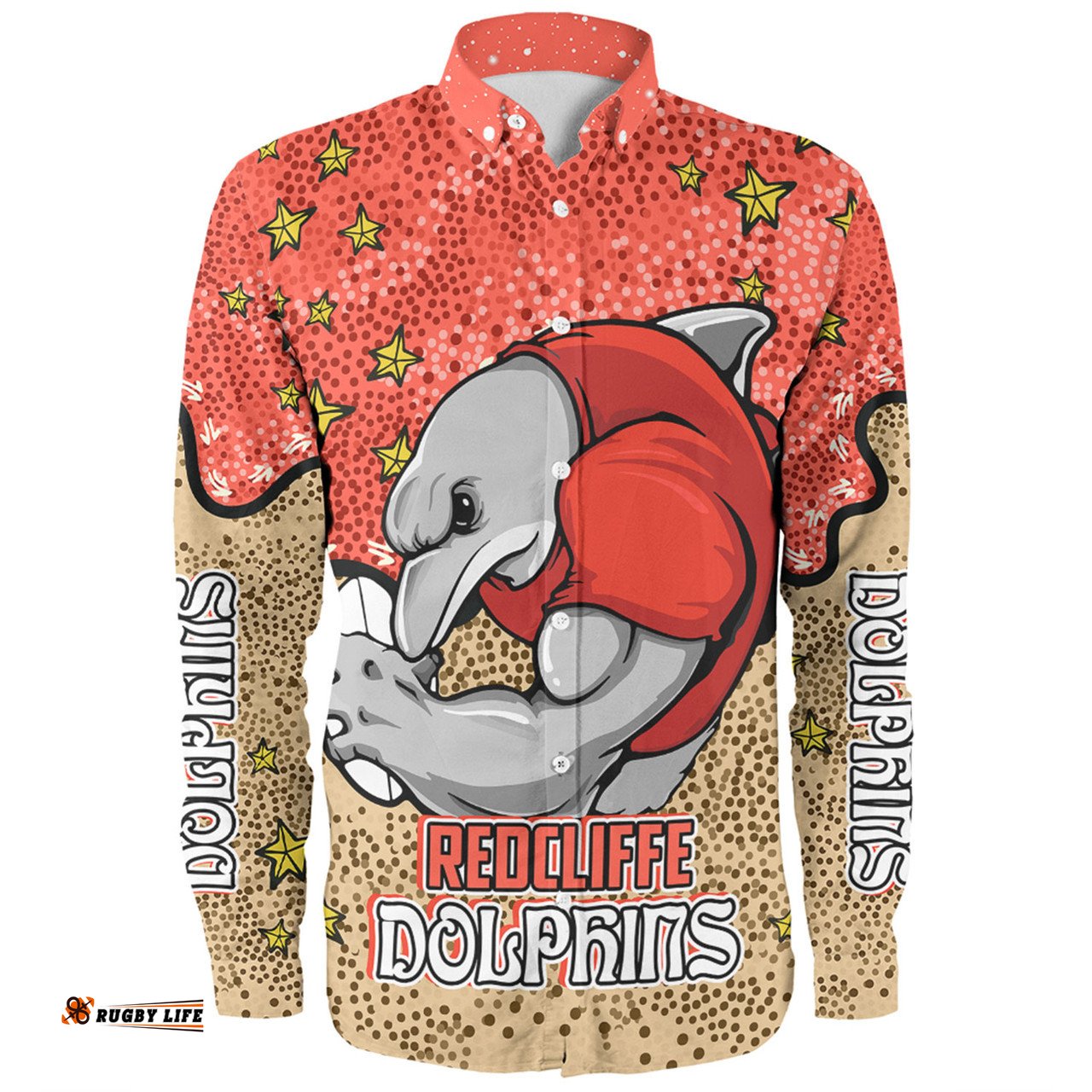 Redcliffe Dolphins Custom Long Sleeve Button Shirt - Team With Dot And Star Patterns For Tough Fan Long Sleeve Button Shirt