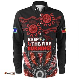 Australia Long Sleeve Button Shirt Naidoc Week 2024 Indigenous Keep The Fire Burning Aboriginal Gum Leaf Painting Red