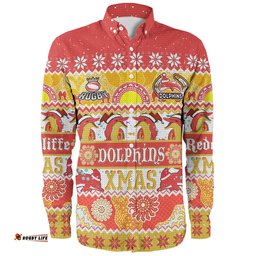 Redcliffe Dolphins Christmas Aboriginal Custom Long Sleeve Button Shirt - Indigenous Knitted Ugly Xmas Style Long Sleeve Button Shirt