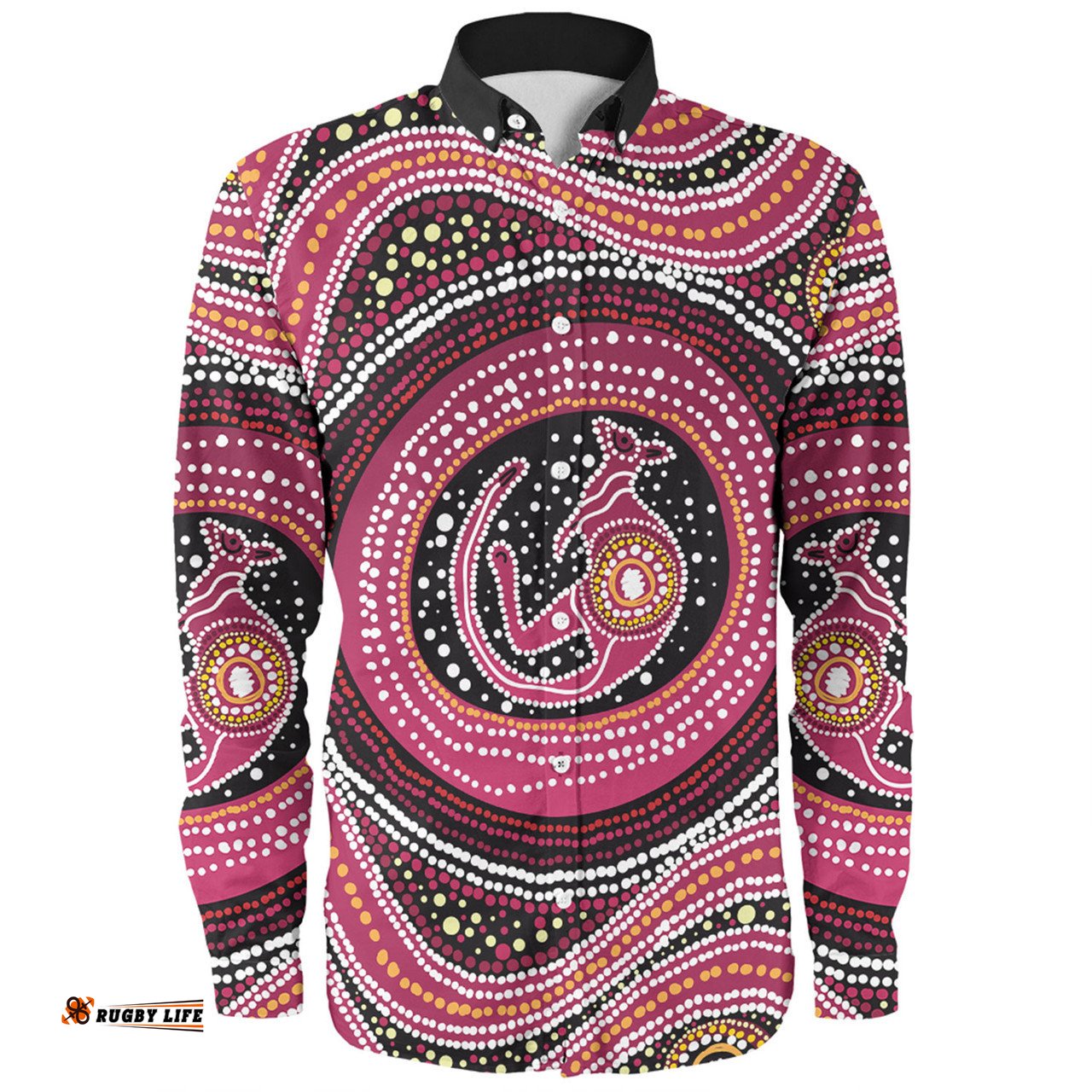 Australia Aboriginal Long Sleeve Button Shirt - Aboriginal Background Featuring Kangaroo Dot Design Long Sleeve Button Shirt