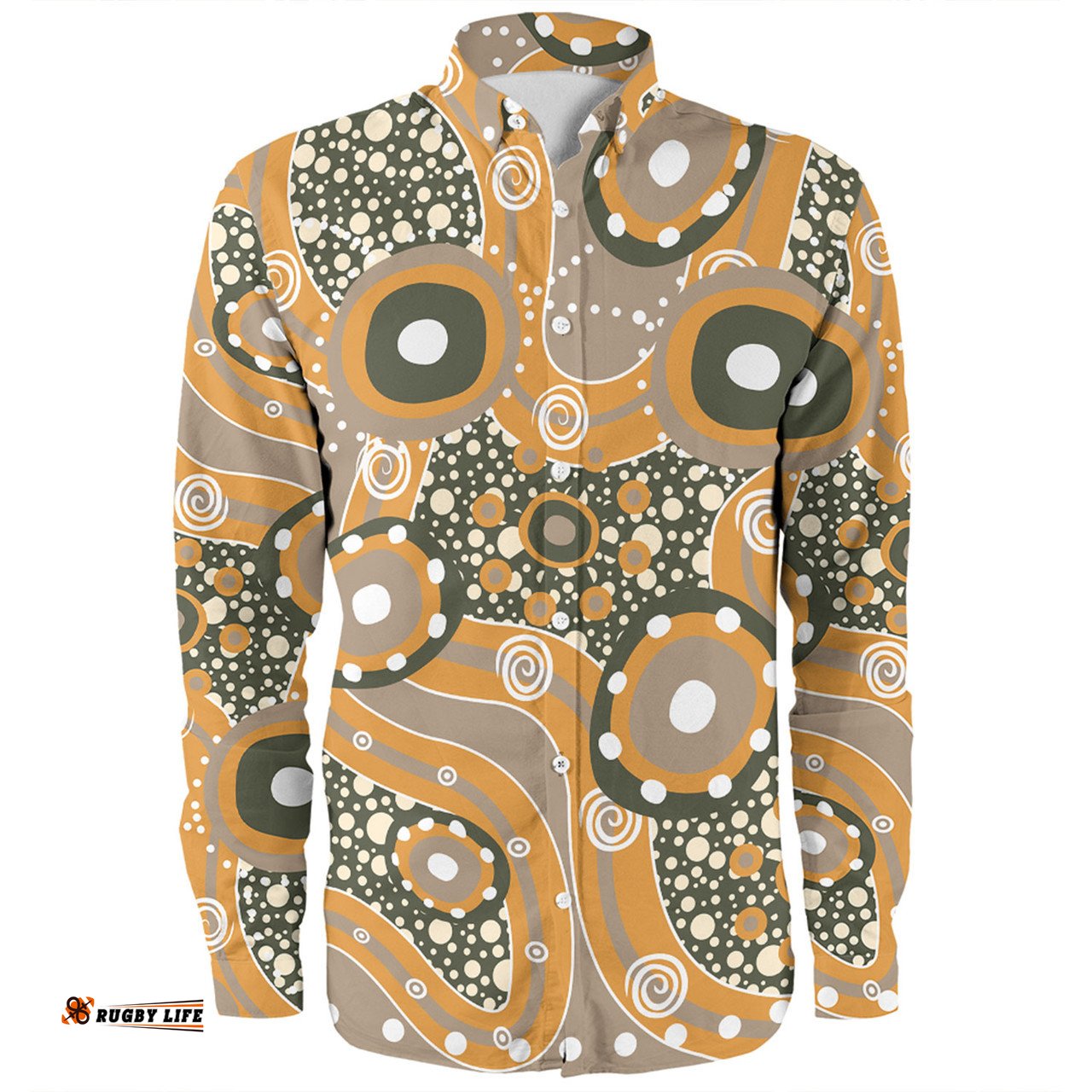 Australia Aboriginal Long Sleeve Button Shirt - Orange Aboriginal Dot Art Inspired Long Sleeve Button Shirt