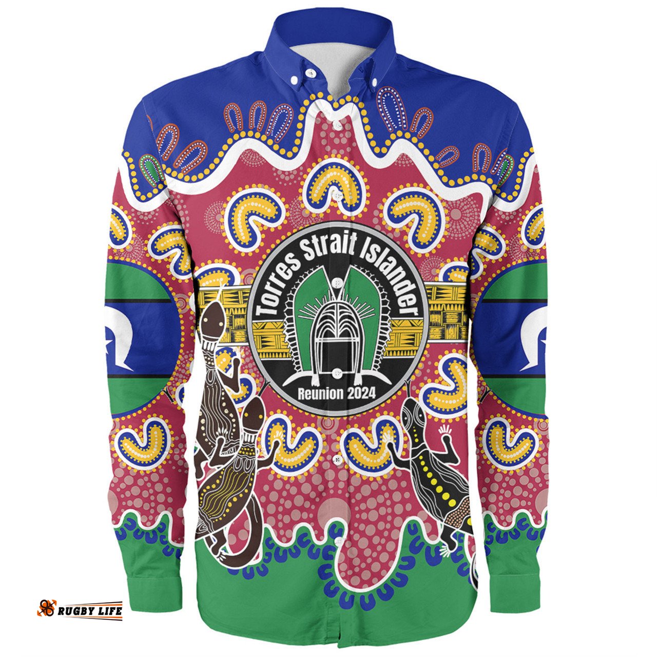 Australia Torres Strait Islands Custom Long Sleeve Button Shirt - Torres Strait Islanders Dhari With Goannas And Dot Art Reunion Long Sleeve Button Shirt