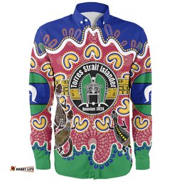 Australia Torres Strait Islands Custom Long Sleeve Button Shirt - Torres Strait Islanders Dhari With Goannas And Dot Art Reunion Long Sleeve Button Shirt