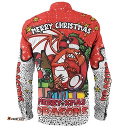 St. George Illawarra Dragons Christmas Custom Long Sleeve Button Shirt - Merry Christmas Our Beloved Team With Aboriginal Dot Art Pattern Long Sleeve Button Shirt