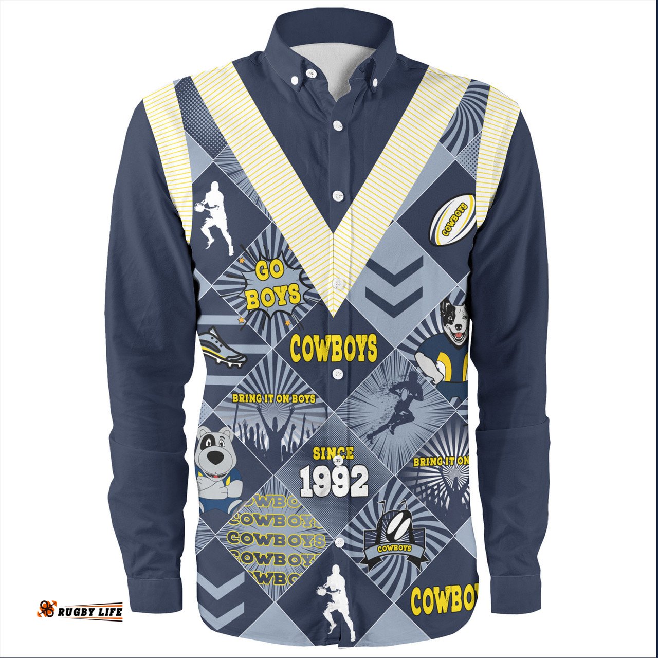 North Queensland Cowboys Long Sleeve Button Shirt - Argyle Patterns Style Tough Fan Rugby For Life