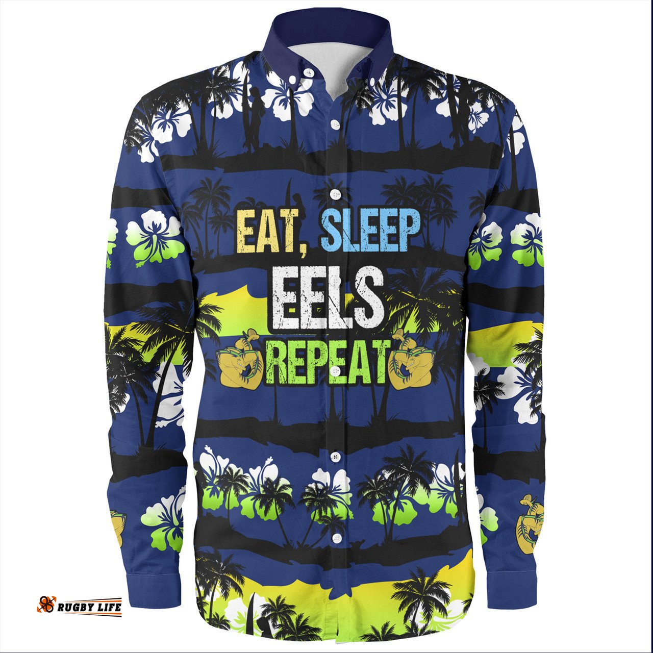 Parramatta Eels Sport Long Sleeve Button Shirt - Eat Sleep Repeat With Tropical Patterns