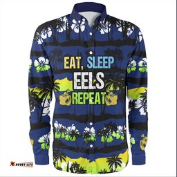 Parramatta Eels Sport Long Sleeve Button Shirt - Eat Sleep Repeat With Tropical Patterns