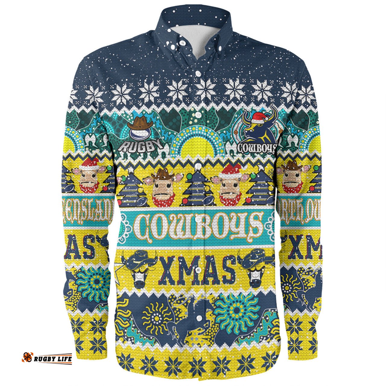 North Queensland Cowboys Christmas Aboriginal Custom Long Sleeve Button Shirt - Indigenous Knitted Ugly Xmas Style Long Sleeve Button Shirt