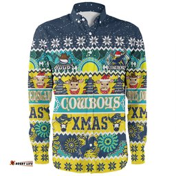 North Queensland Cowboys Christmas Aboriginal Custom Long Sleeve Button Shirt - Indigenous Knitted Ugly Xmas Style Long Sleeve Button Shirt