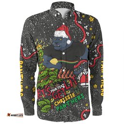 Penrith Panthers Christmas Custom Long Sleeve Button Shirt - Let's Get Lit Chrisse Pressie Long Sleeve Button Shirt
