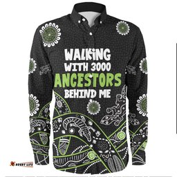 Australia Aboriginal Long Sleeve Button Shirts - Walking with 3000 Ancestors Behind Me Black and Green Patterns Long Sleeve Button Shirts