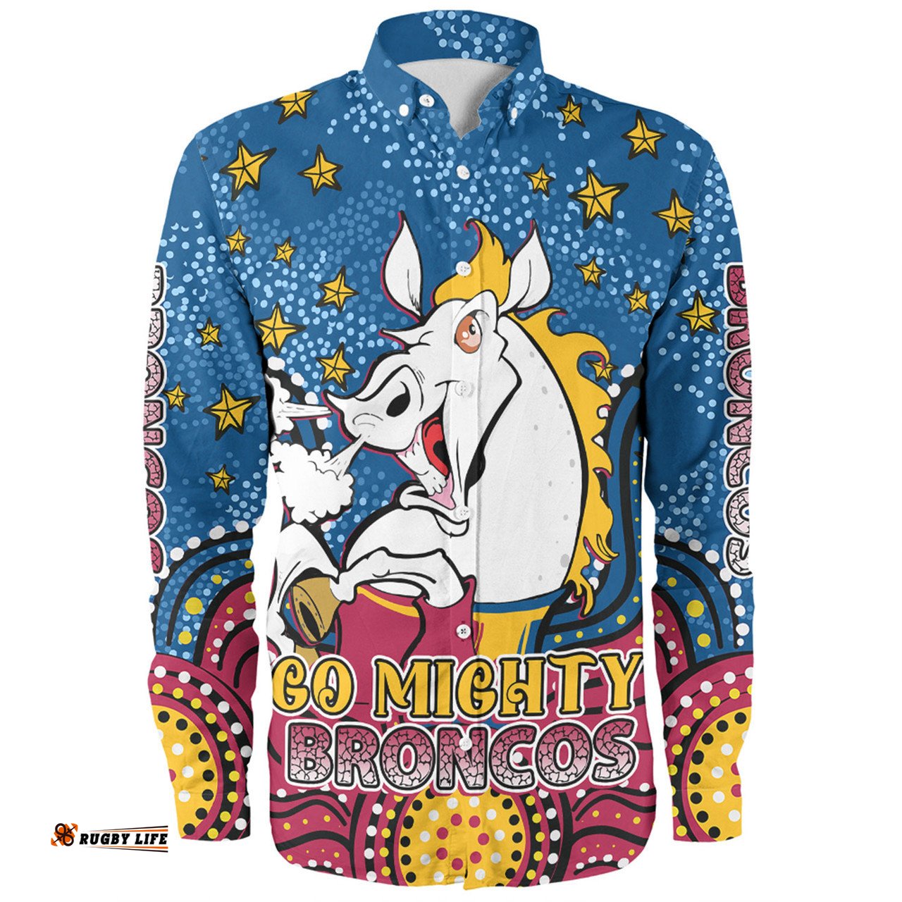 Brisbane Broncos Custom Long Sleeve Button Shirt - Custom With Aboriginal Inspired Style Of Dot Painting Patterns Long Sleeve Button Shirt