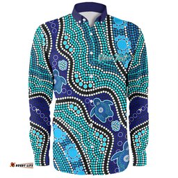 Australia Turtles Aboriginal Custom Long Sleeve Button Shirt - Dreamtime River And Turtles Dot Art Painting Long Sleeve Button Shirt
