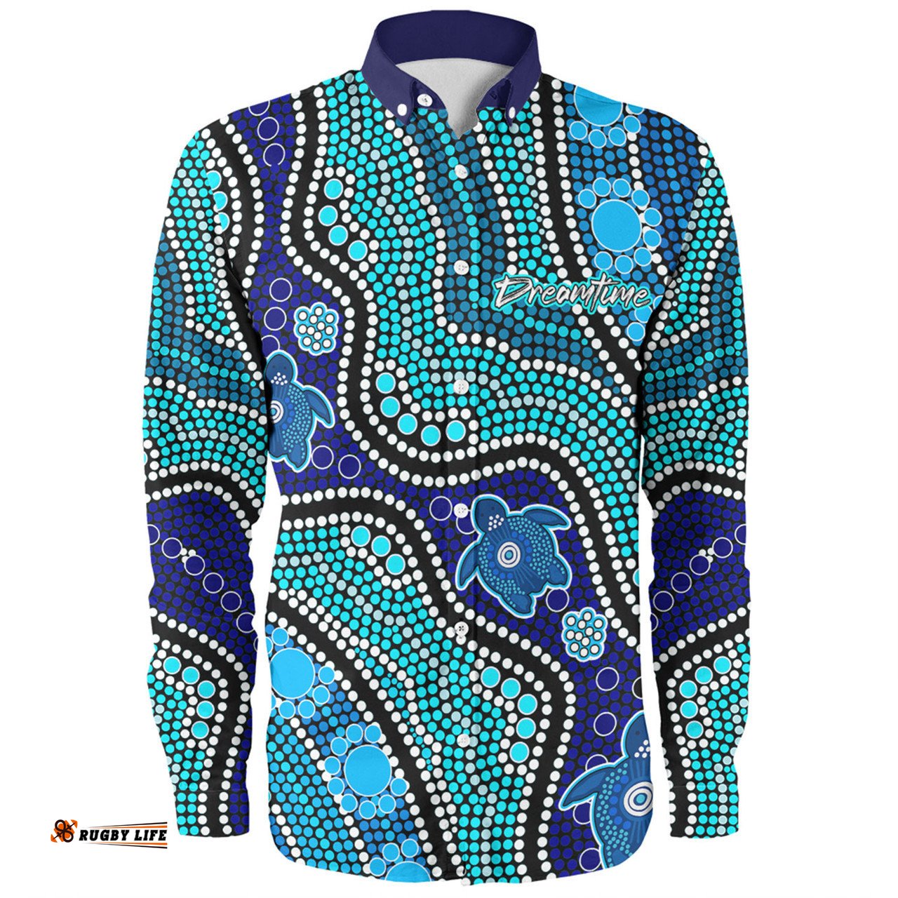 Australia Turtles Aboriginal Custom Long Sleeve Button Shirt - Dreamtime River And Turtles Dot Art Painting Long Sleeve Button Shirt