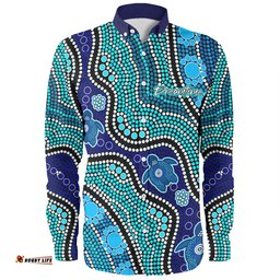 Australia Turtles Aboriginal Custom Long Sleeve Button Shirt - Dreamtime River And Turtles Dot Art Painting Long Sleeve Button Shirt