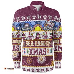 Manly Warringah Sea Eagles Christmas Aboriginal Custom Long Sleeve Button Shirt - Indigenous Knitted Ugly Xmas Style Long Sleeve Button Shirt