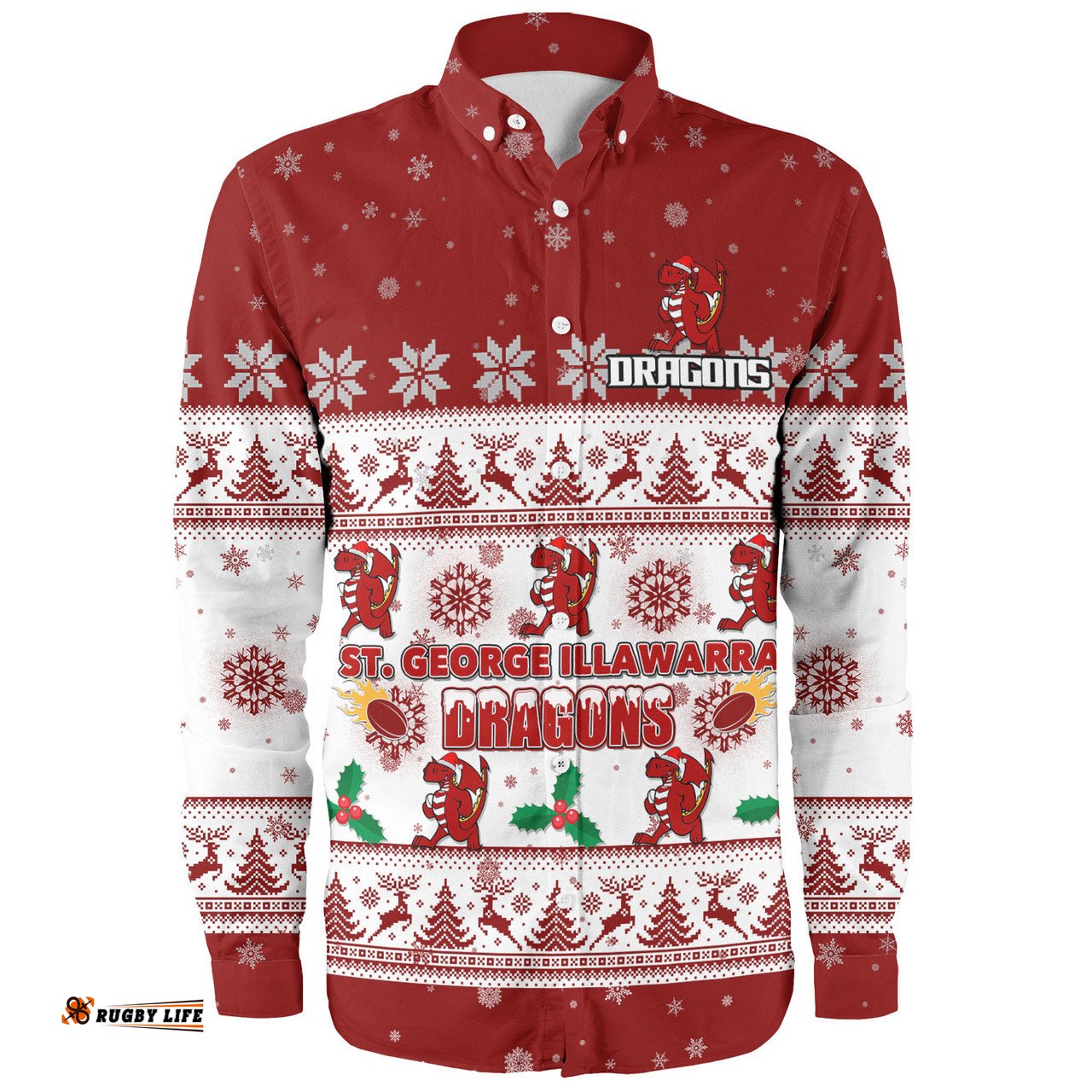 St. George Illawarra Dragons Christmas Custom Long Sleeve Button Shirt - Special Ugly Christmas Long Sleeve Button Shirt