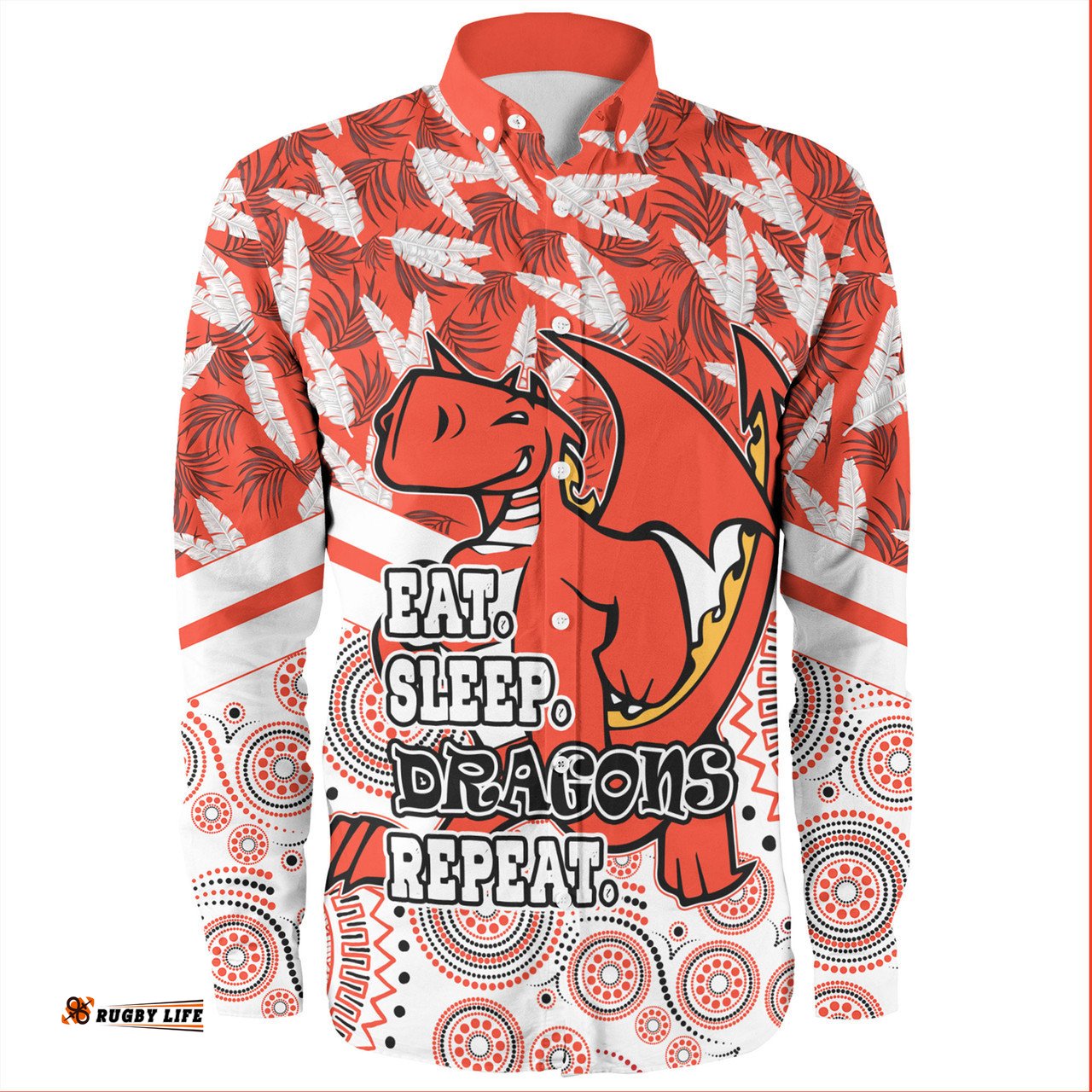 St. George Illawarra Dragons Long Sleeve Button Shirt - Tropical Patterns And Dot Painting Eat Sleep Repeat
