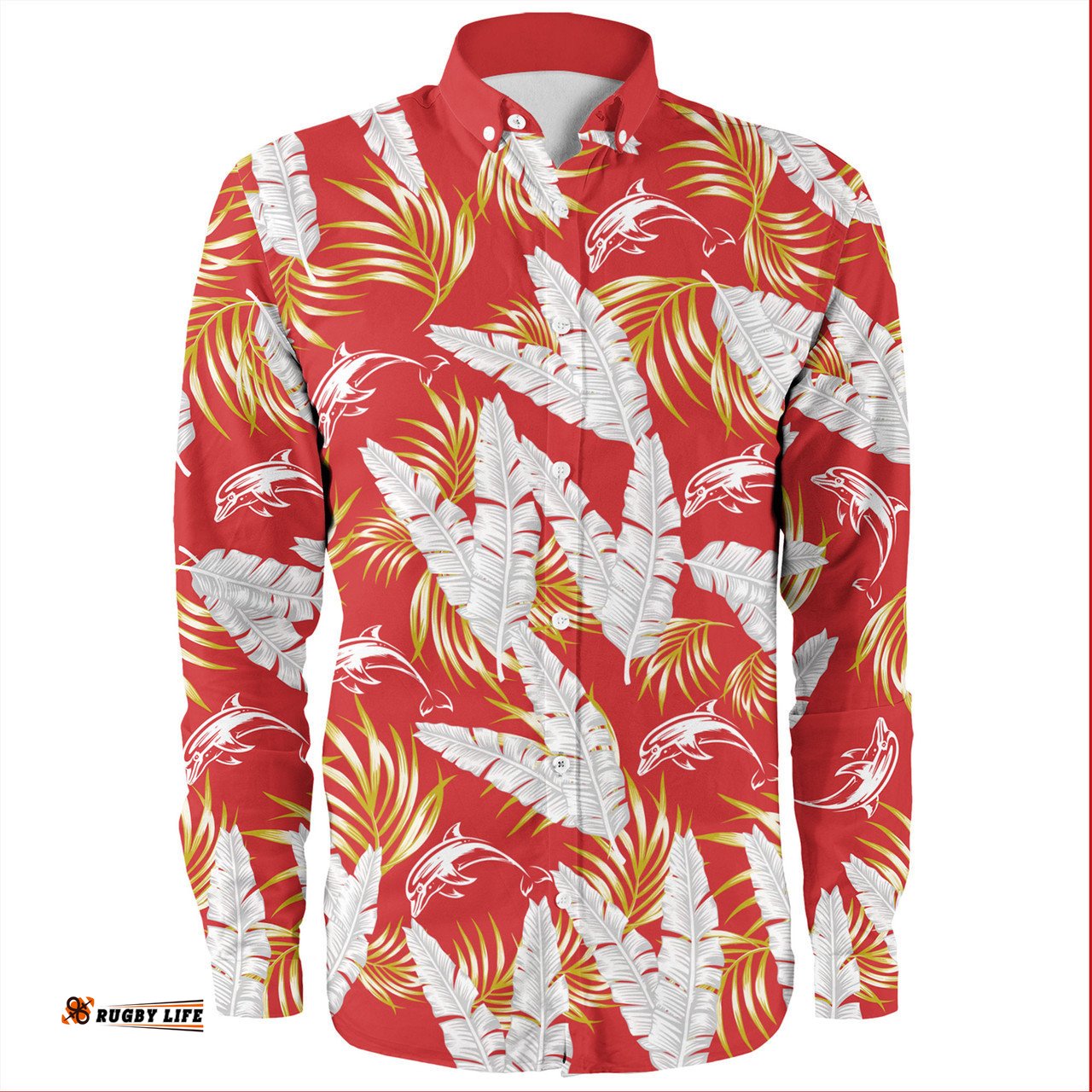 Redcliffe Dolphins Custom Long Sleeve Button Shirt - Tropical Patterns Redcliffe Dolphins Long Sleeve Button Shirt