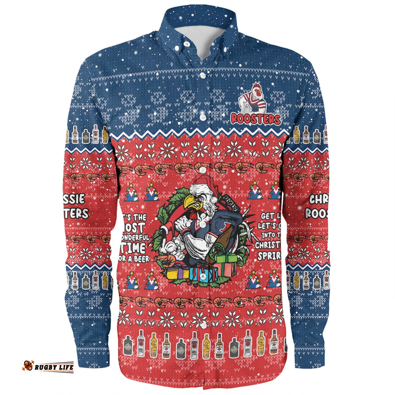 Sydney Roosters Christmas Custom Long Sleeve Button Shirt - Chrissie Spirit Long Sleeve Button Shirt