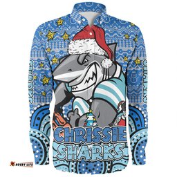 Cronulla-Sutherland Sharks Christmas Custom Long Sleeve Button Shirt - Christmas Knit Patterns Vintage Jersey Ugly Long Sleeve Button Shirt