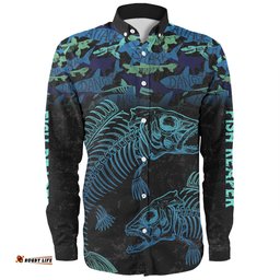 Australia Fishing Custom Long Sleeve Button Shirt - Fish Reaper Fish Skeleton Blue Long Sleeve Button Shirt