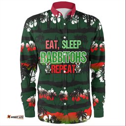 South Sydney Rabbitohs Long Sleeve Button Shirt - Eat Sleep Repeat With Tropical Patterns