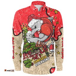 Redcliffe Dolphins Christmas Custom Long Sleeve Button Shirt - Let's Get Lit Chrisse Pressie Long Sleeve Button Shirt